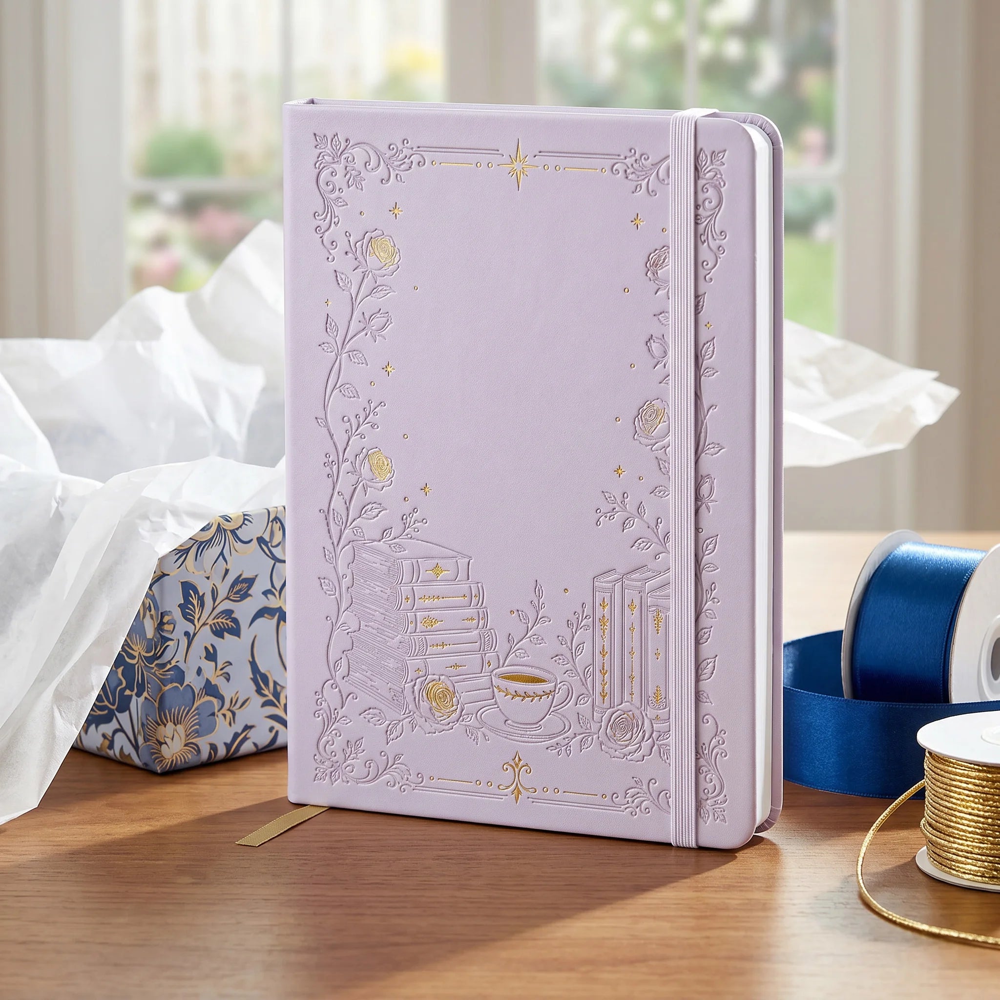 BUKE A5 Dot Grid Notebook PU Leather Cover Hardcover Floral Embossed Tea Cup Books Elegant Handwriting Journal