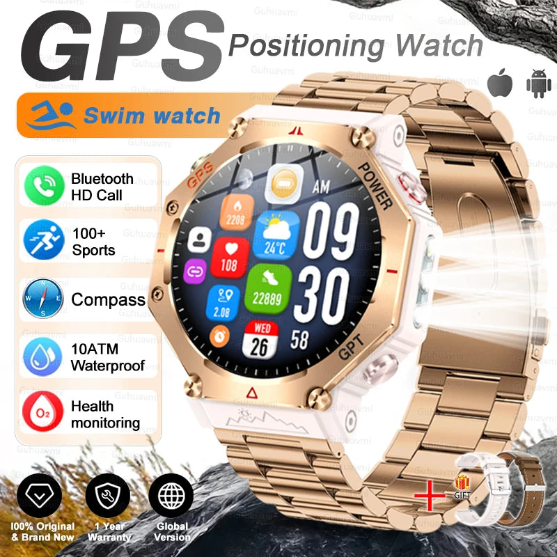 GPS New Titanium alloy Smart Watch AMOLED 10ATM Waterproof Compass Tactics Flashlight Voice Call Sport Men Fitness Swim Bracelet
