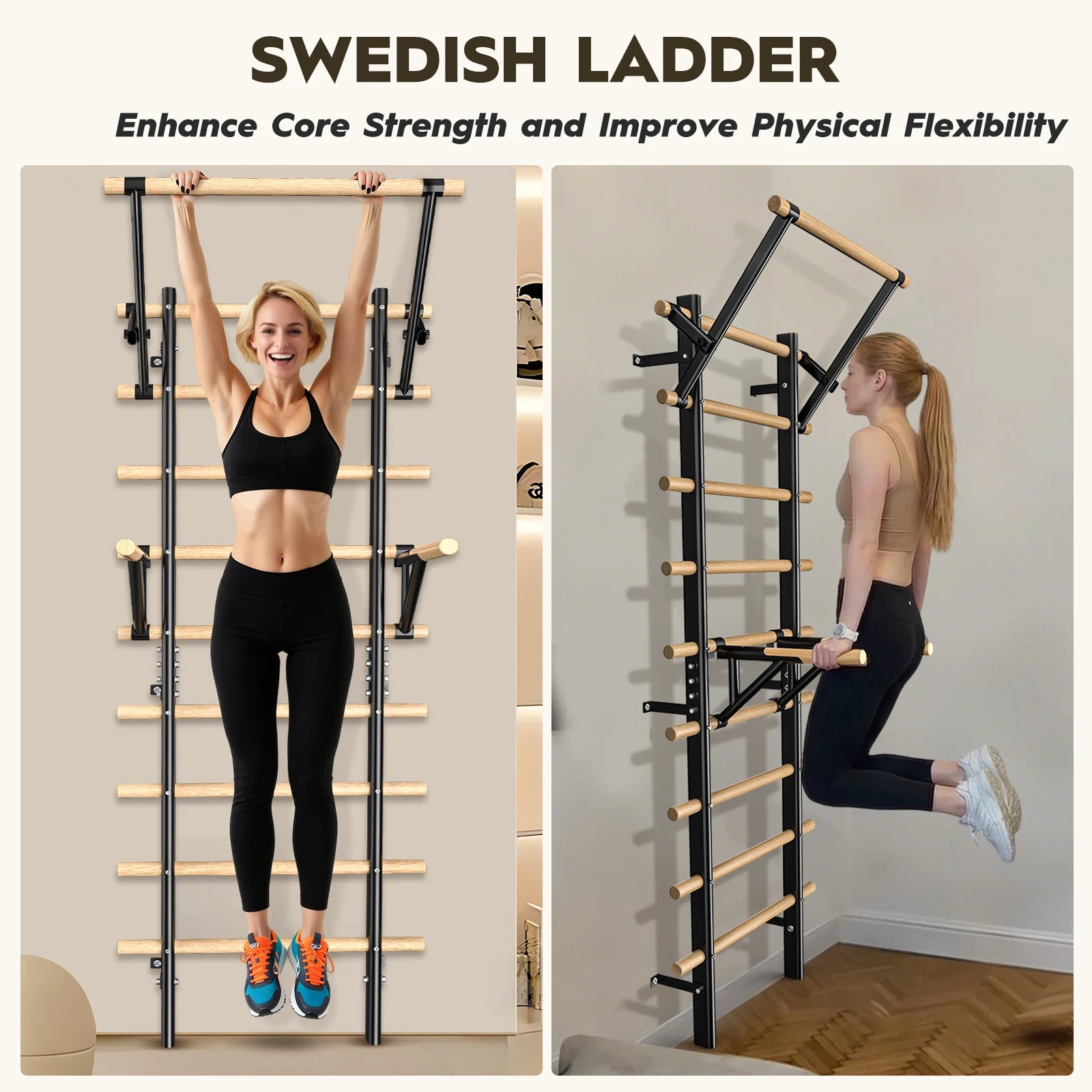 Wall-Mounted Climbing Frame with Pull-up and Dip Bars – 86.6-Inch Indoor Climbing Rack, Wall-Mountable – Adult Wooden Climbing W