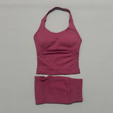 2 Pic Histello Sports Set Women Neck Halter Shockproof Longline Strappy Top Workout Scrunch Shorts Sets Fitness Clothes Gym Suit