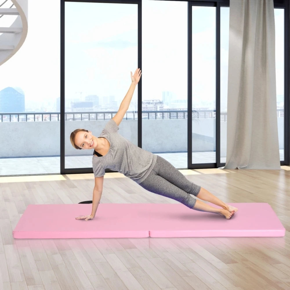 Exercise Mat Foldable Gym Mat with Handles for Yoga, Mma, Fitness, Pilates, Synthetic Cover, 180 X 60 X 5 Cm, Pink