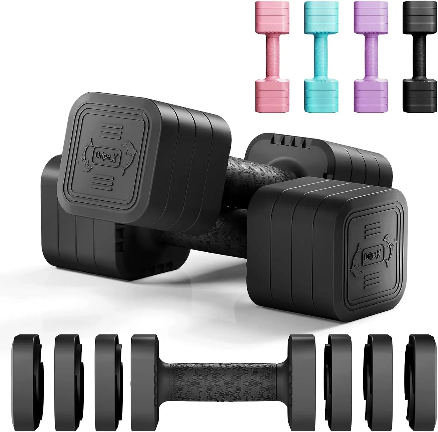 Dripex Adjustable Dumbbells Weight Set 2.5kg 5kg 10kg Dumbbell Pair 4-in-1 Weight Dumbbells Set Women Men with Non-Slip Handle