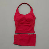 2 Pic Histello Sports Set Women Neck Halter Shockproof Longline Strappy Top Workout Scrunch Shorts Sets Fitness Clothes Gym Suit