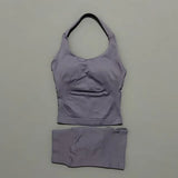 2 Pic Histello Sports Set Women Neck Halter Shockproof Longline Strappy Top Workout Scrunch Shorts Sets Fitness Clothes Gym Suit