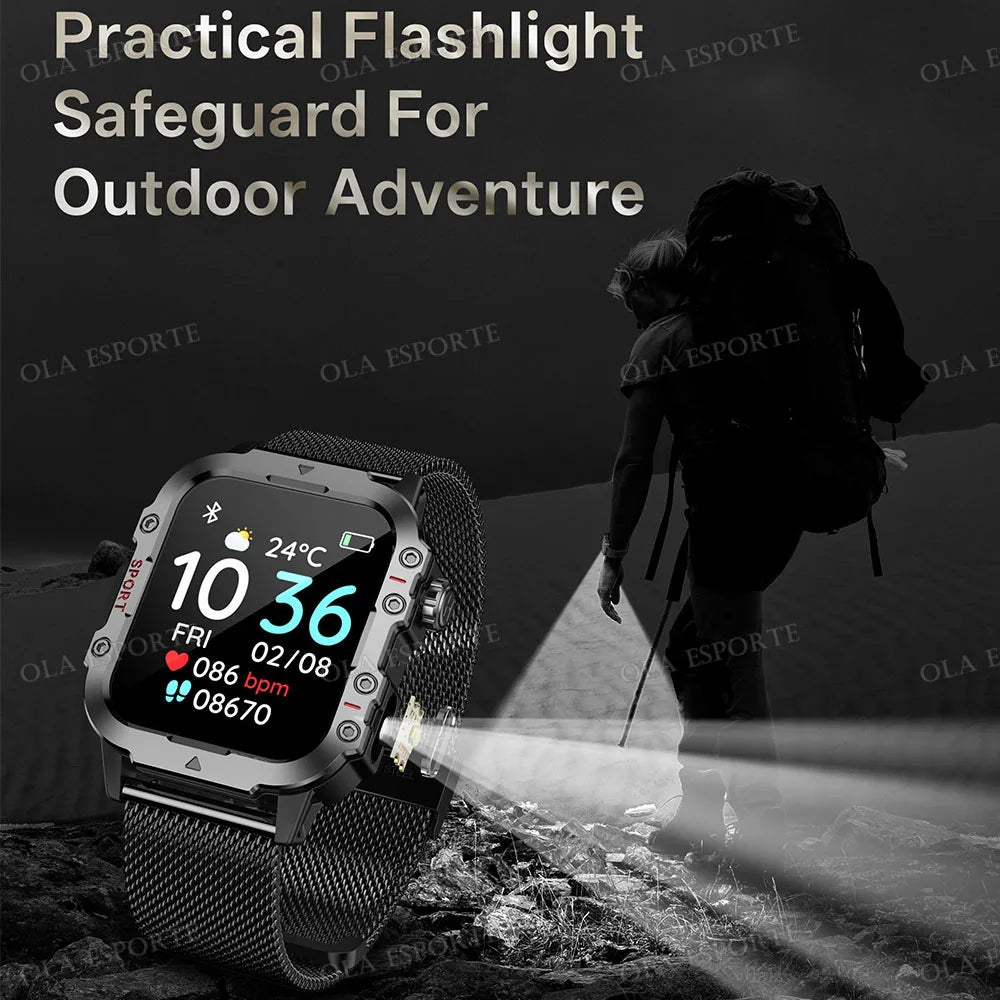 2026 New Military Smart Watch Men 3ATM Outdoor Sports Fitness Tracker Blood Pressure Health Monitoring BT Call GPS Smartwatch