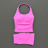 2 Pic Histello Sports Set Women Neck Halter Shockproof Longline Strappy Top Workout Scrunch Shorts Sets Fitness Clothes Gym Suit
