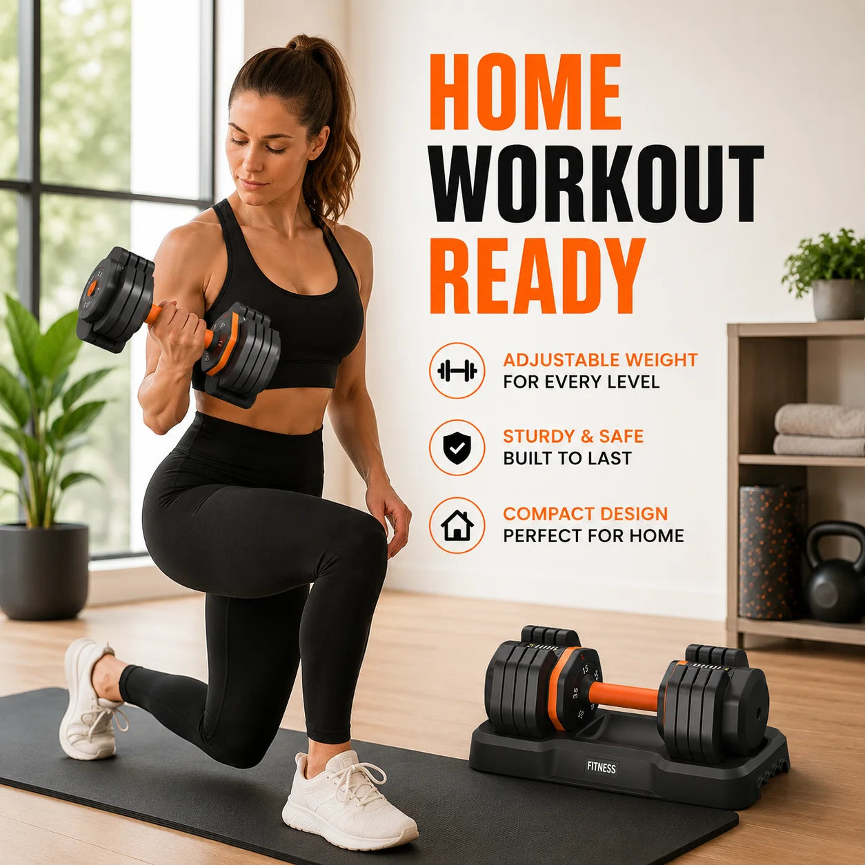 2 adjustable dumbbells of 25kg/55LB, suitable for home workouts, fitness equipment, equipped with a QuickLock system for arm and muscle training