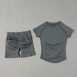 2 Pieces HISTELLO Sports Sets Short Sleeve Seamless Yoga Top Fitness Set Women Workout Running Sports Shorts Gym Suit