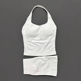 2 Pic Histello Sports Set Women Neck Halter Shockproof Longline Strappy Top Workout Scrunch Shorts Sets Fitness Clothes Gym Suit