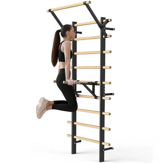 Wall-Mounted Climbing Frame with Pull-up and Dip Bars – 86.6-Inch Indoor Climbing Rack, Wall-Mountable – Adult Wooden Climbing W
