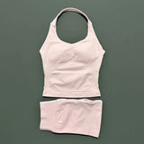 2 Pic Histello Sports Set Women Neck Halter Shockproof Longline Strappy Top Workout Scrunch Shorts Sets Fitness Clothes Gym Suit