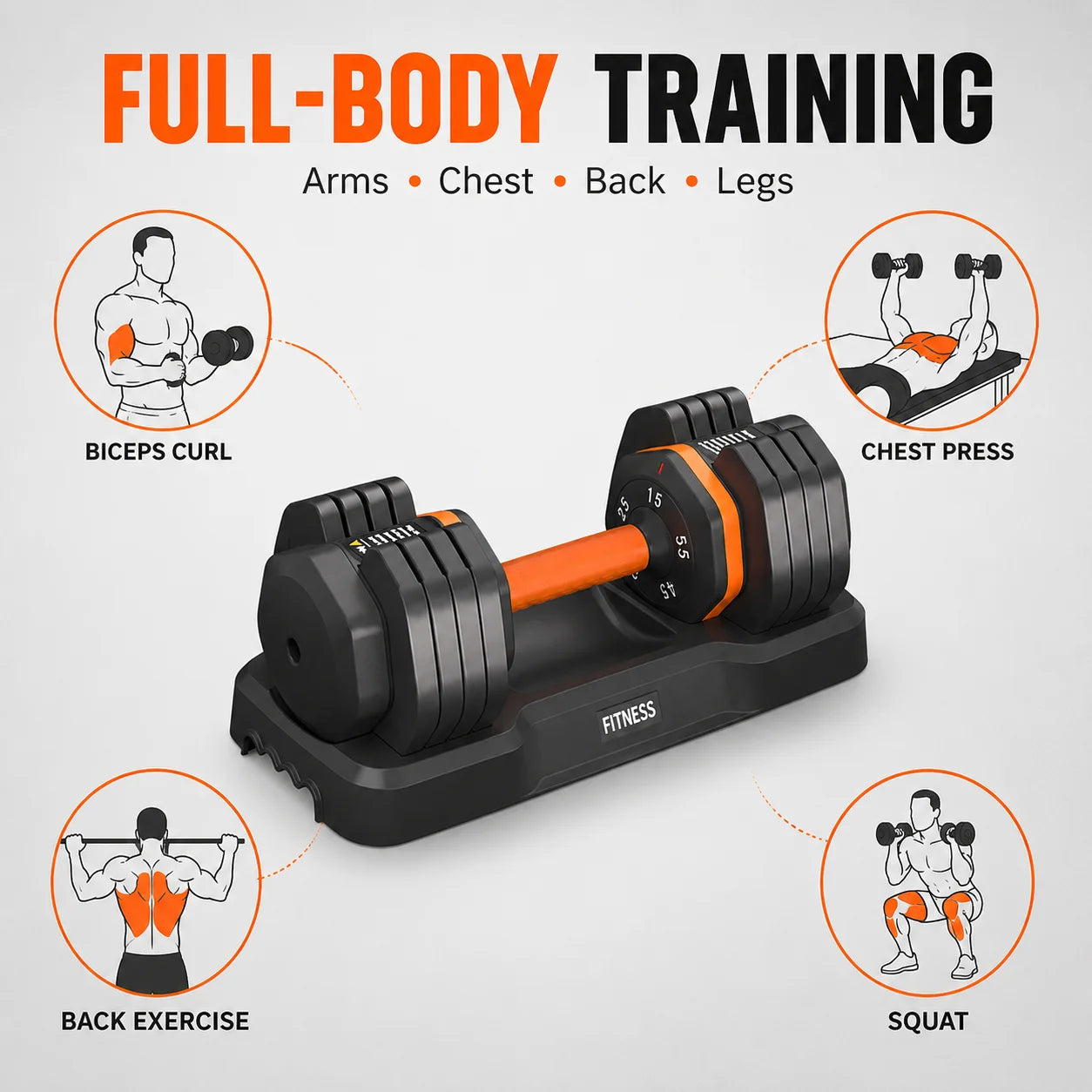 2 adjustable dumbbells of 25kg/55LB, suitable for home workouts, fitness equipment, equipped with a QuickLock system for arm and muscle training
