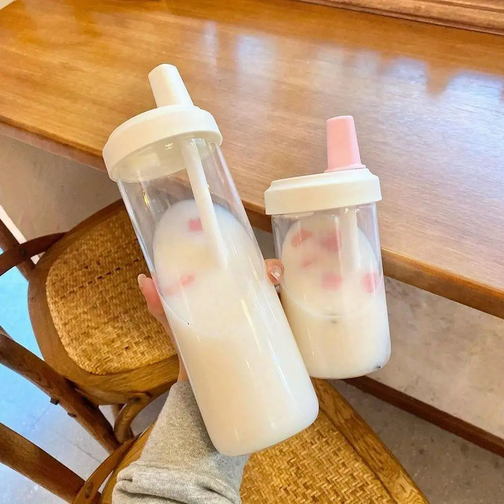Large Capacity Pearl Milk Tea Glass Cup with Straw, Simple Design Plastic Water Bottle, Casual Style Drinkware for Daily Use