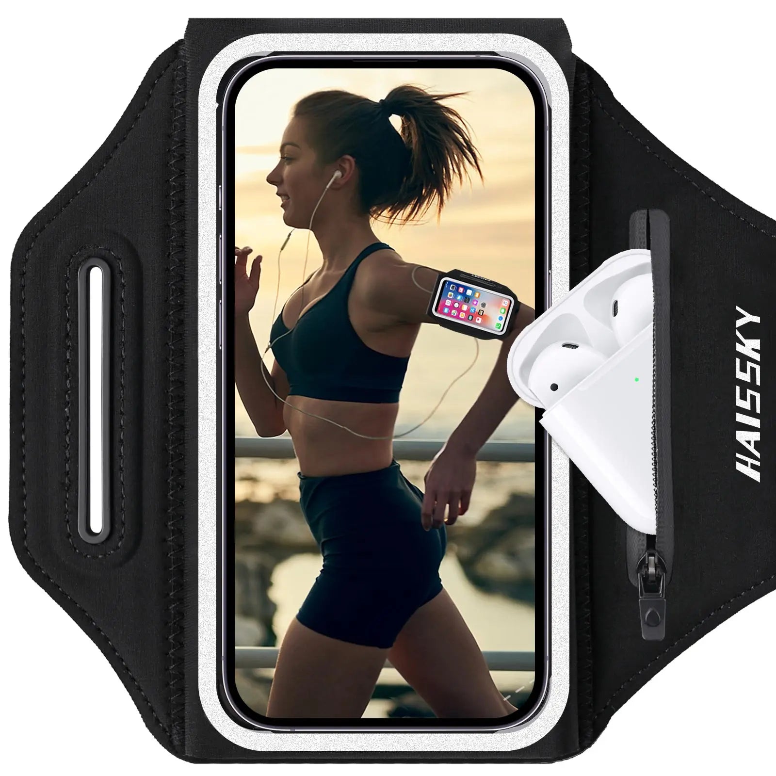 Haissky Running Sport Armband For iPhone 17 16 15 14 13 Pro Max Air Plus Outdoor Workout Zipper Pocket Touchscreen Arm Bag Pouch