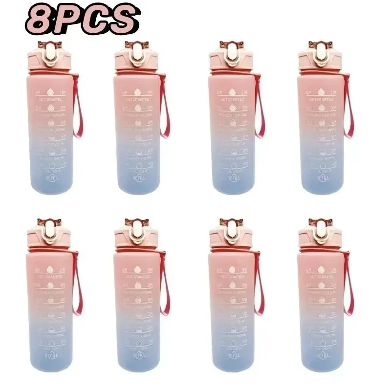1-8pcs BPA Free Leak Proof Plastic Straw Sports Water Bottle High Quality Tour Hiking Portable  Drink Bottles with Time Marker