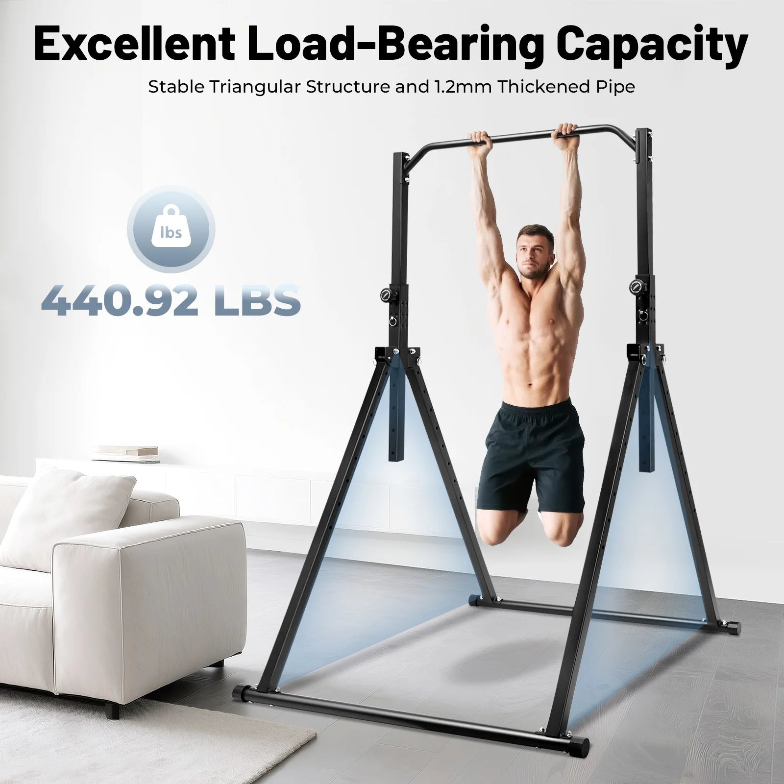 Triangular Pull up Station Black Horizontal Bar 1.75-2.3m Adjustable Height Freestanding Traction Bar for Gym School Home