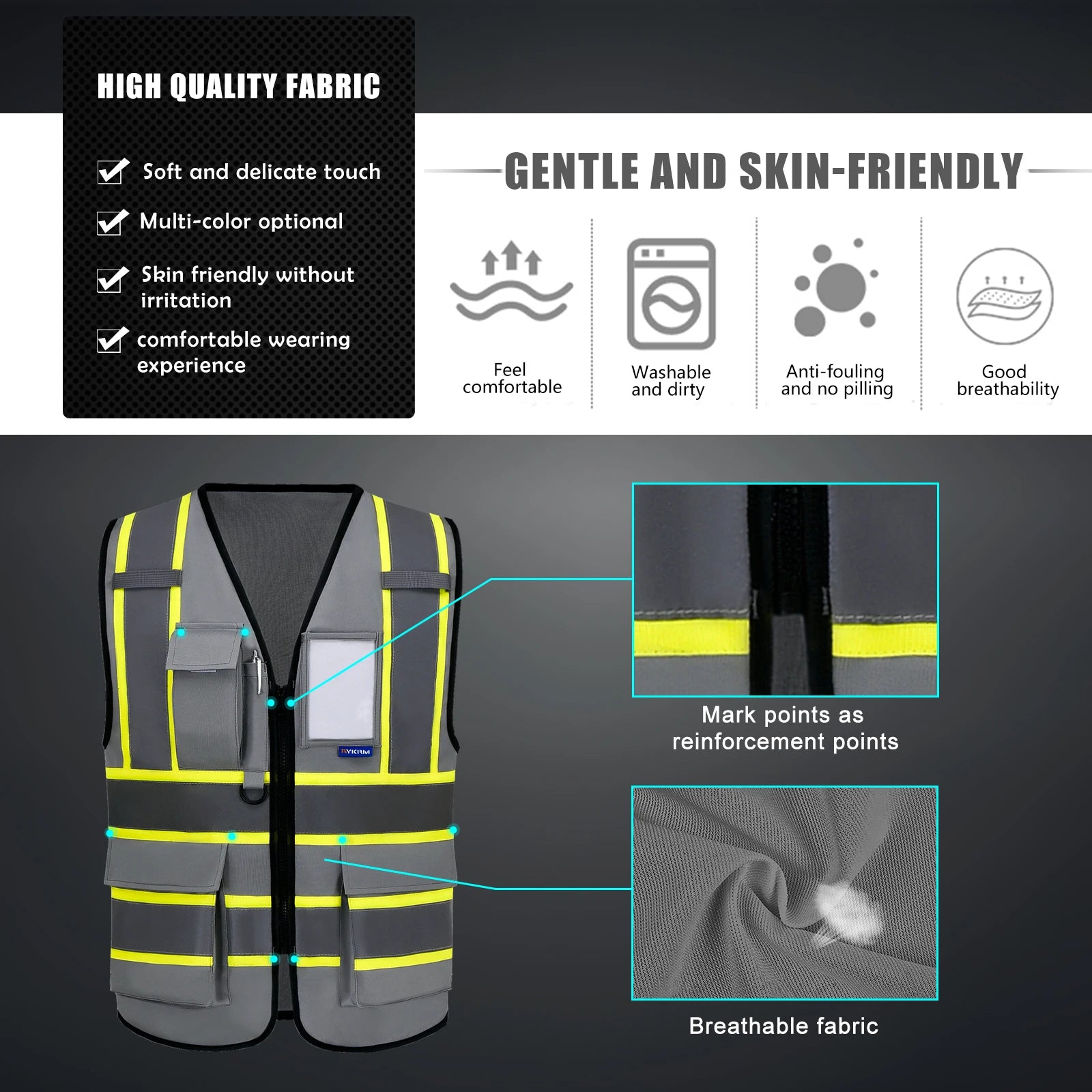 AYKRM High Visibility Safety Vest with Pockets Reflective Strips and Zipper,Yellow Orange(XS-6XL)