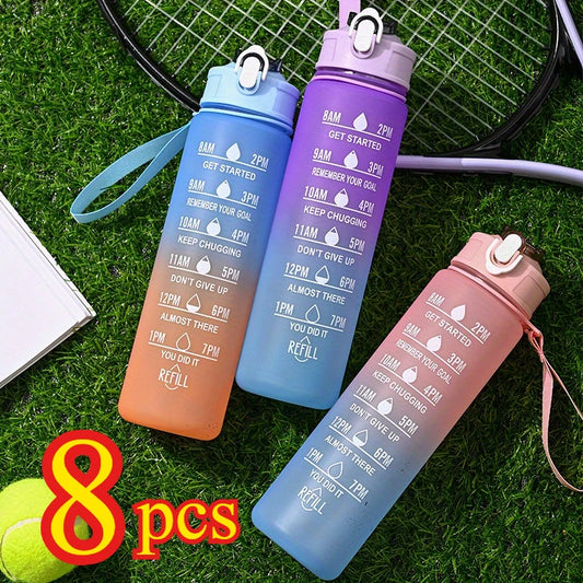 1-8pcs BPA Free Leak Proof Plastic Straw Sports Water Bottle High Quality Tour Hiking Portable  Drink Bottles with Time Marker