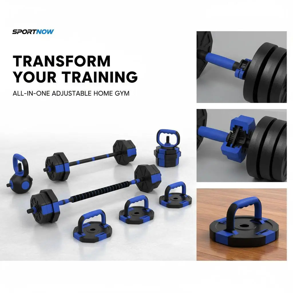 6 in 1 Adjustable Dumbbell Set 20kg to Barbell Kettlebell Push Up Support Home Gym Fitness Weight Training for Men Women