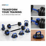 6 in 1 Adjustable Dumbbell Set 20kg to Barbell Kettlebell Push Up Support Home Gym Fitness Weight Training for Men Women