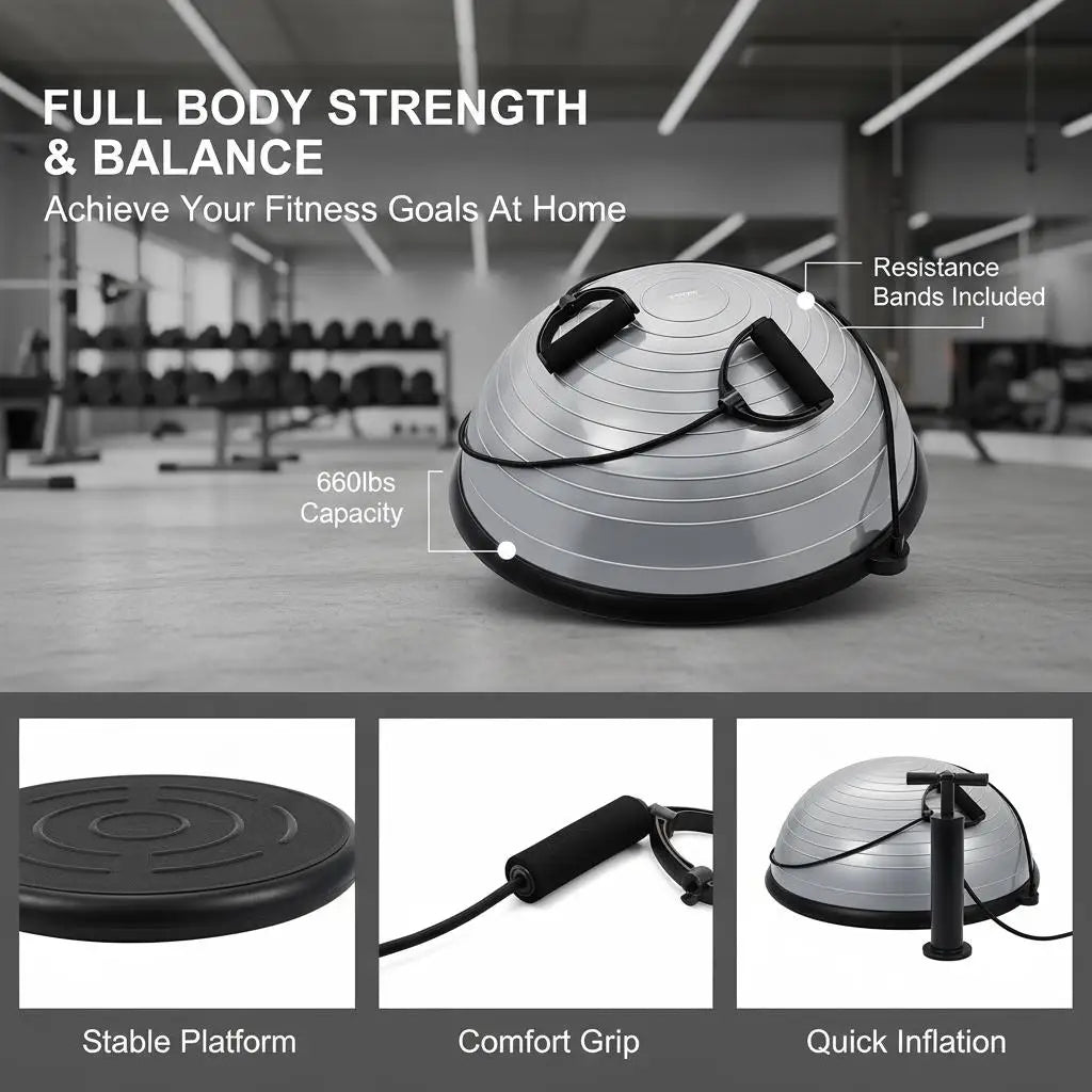 Fitness Half Ball 62cm Balance Ball 300kg Capacity Balance Station with Resistance Band and Foot Pump